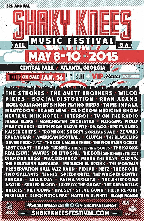 Shaky Knees Festival 2015 lineup (Strokes, Wilco, Pixies, DFA 1979, Spiritualized, Panda Bear, American Football & more)