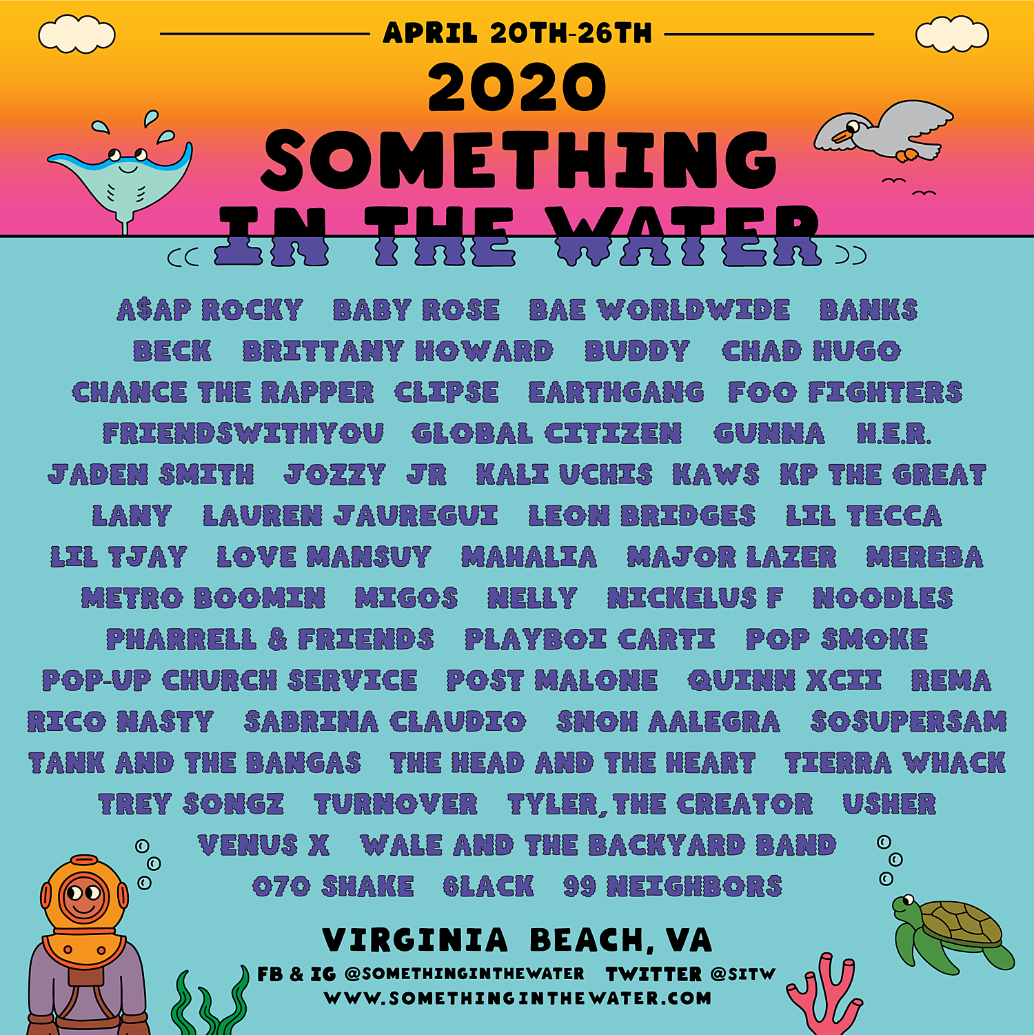 Pharrell’s Something in the Water 2020 lineup (Clipse, Foo Fighters, Chance, A$AP Rocky, more)