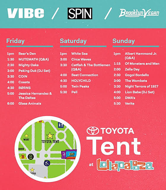 Lollapalooza Toyota Tent 2015 Schedule (Twin Peaks, Glass Animals, Gogol Bordello, Twin Peaks, Albert Hammond, more)