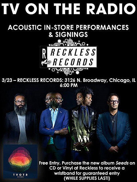 TV On The Radio playing free acoustic in-store at Reckless Records before Metro show, DJing at Headquarters after