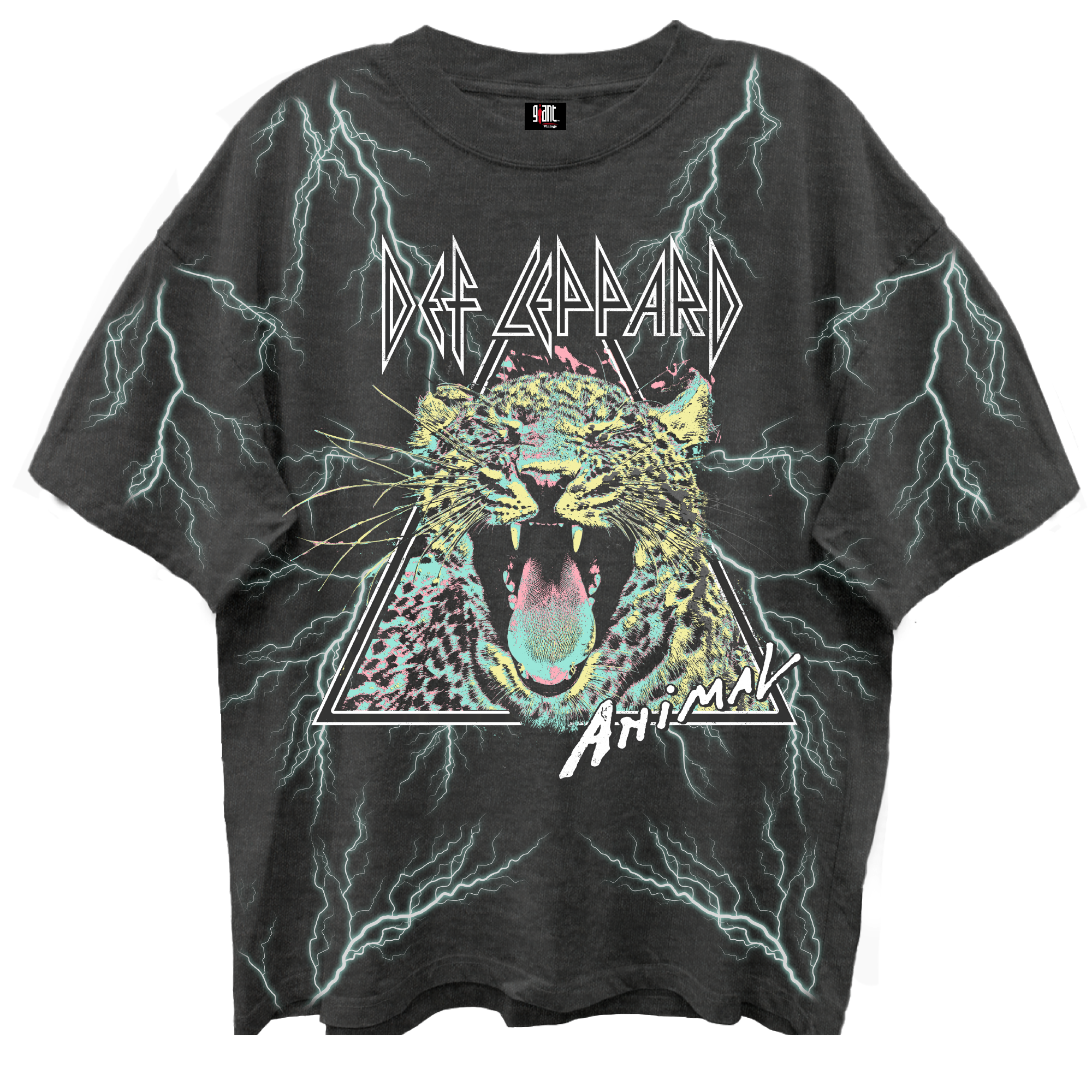 DEF LEPPARD ANIMAL ALL OVER PRINT VINTAGE BLACK ENZYME WASH T-SHIRT/GIANT VINTAGE
