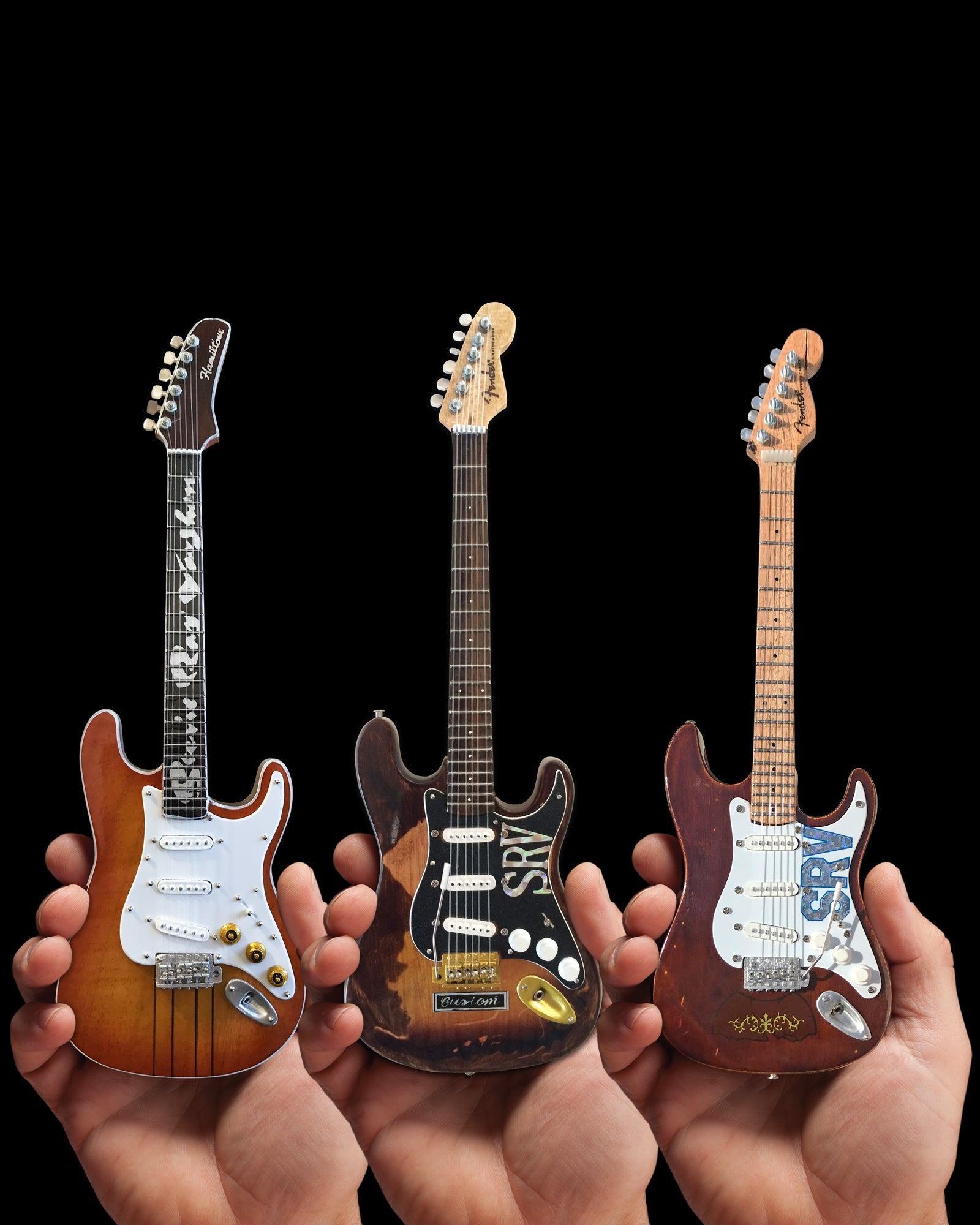 STEVIE RAY VAUGHAN SRV SET OF 3 MINI GUITAR REPLICA COLLECTIBLES - OFFICIALLY LICENSED FENDER