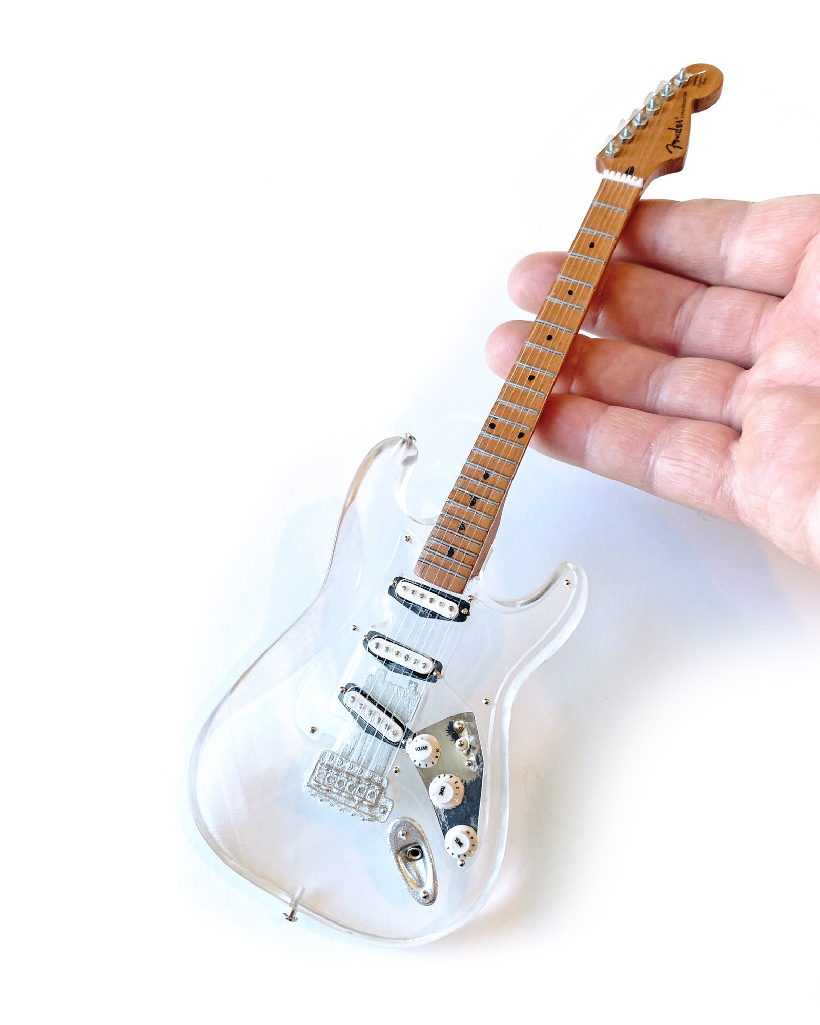 LICENSED FENDER™ STRAT™ SIGNATURE CLEAR ACRYLIC MINI GUITAR