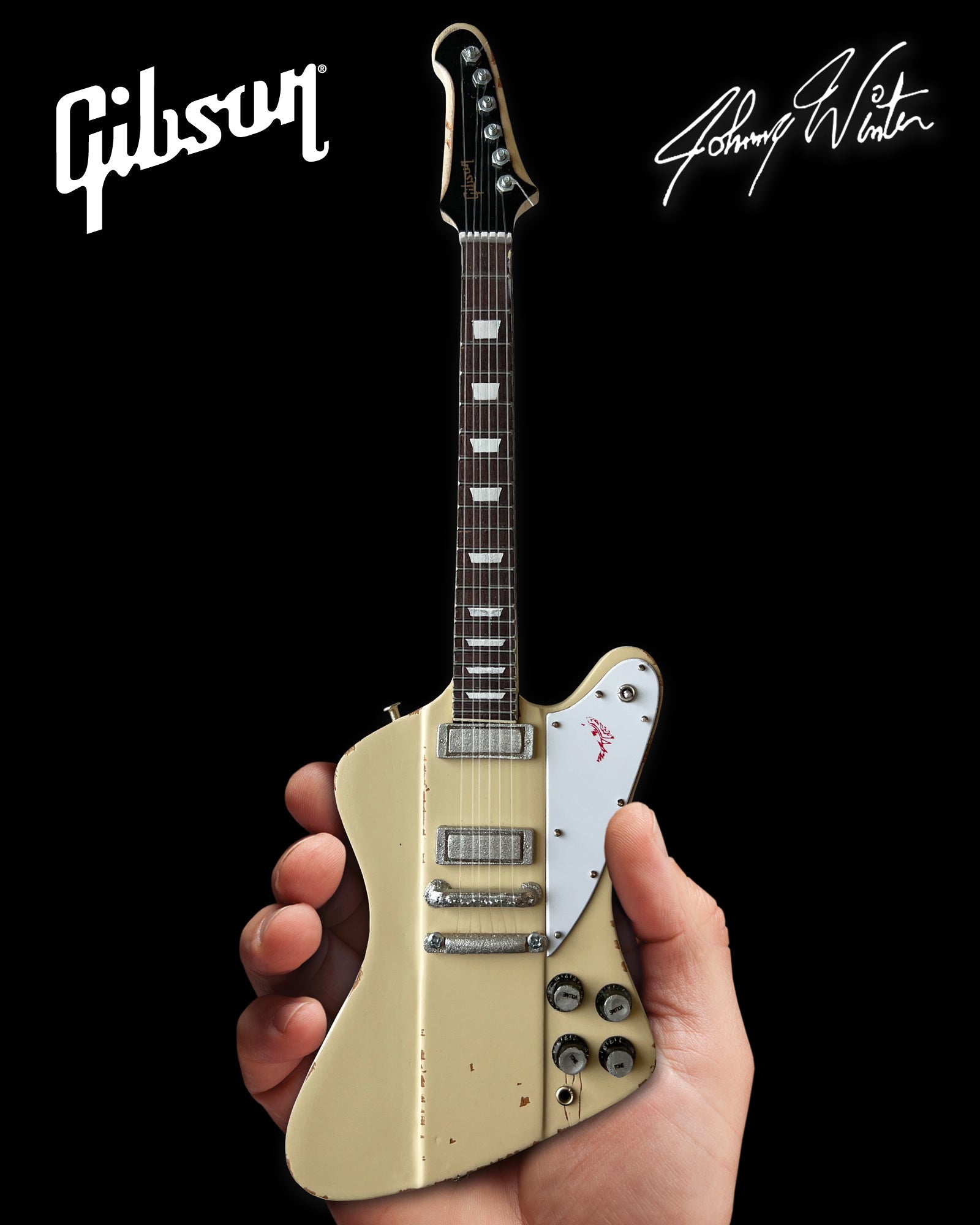 JOHNNY WINTER 1964 GIBSON FIREBIRD V POLARIS WHITE 1.4 SCALE MINI GUITAR - VINTAGE & DISTRESSED