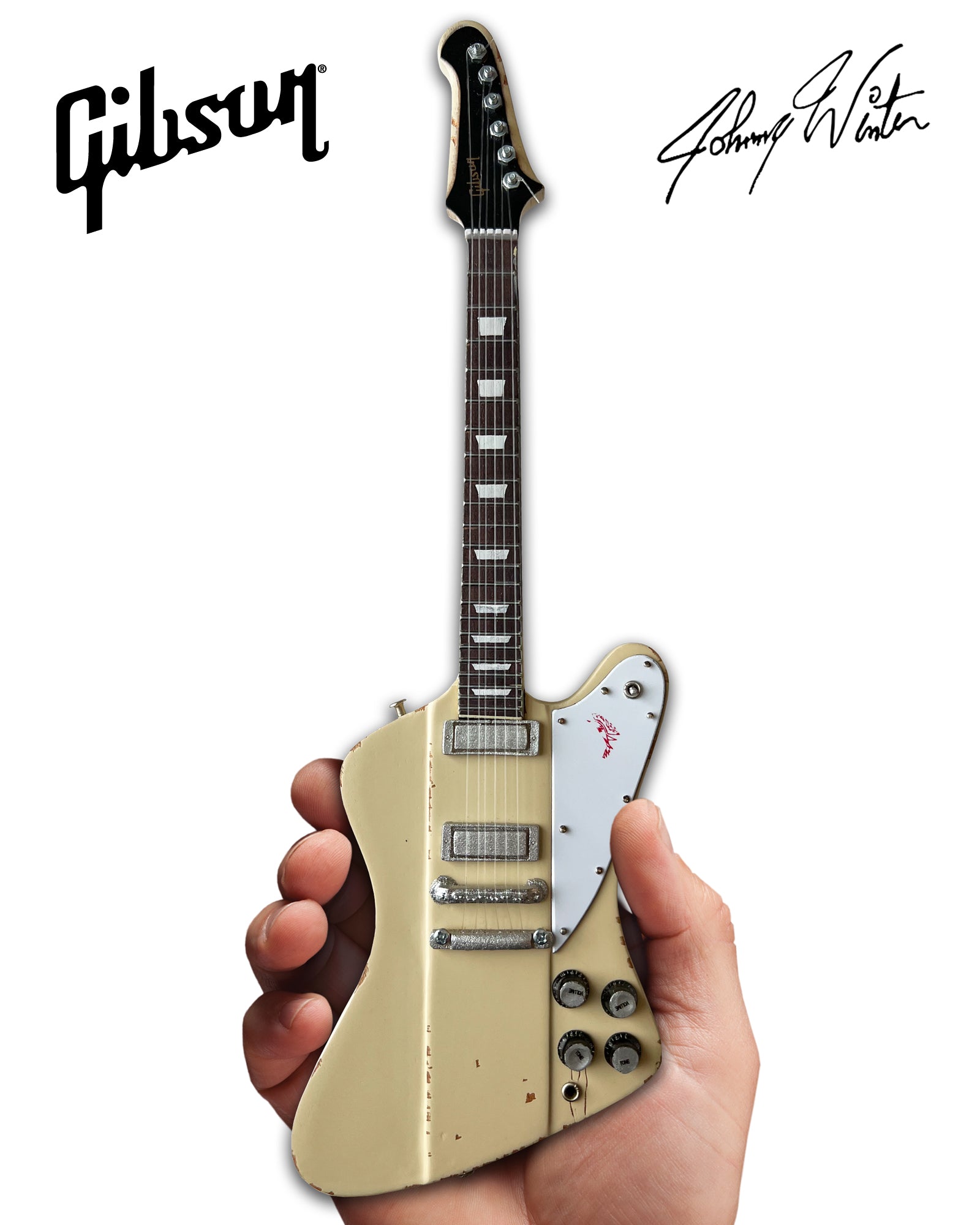 JOHNNY WINTER 1964 GIBSON FIREBIRD V POLARIS WHITE 1.4 SCALE MINI GUITAR - VINTAGE & DISTRESSED