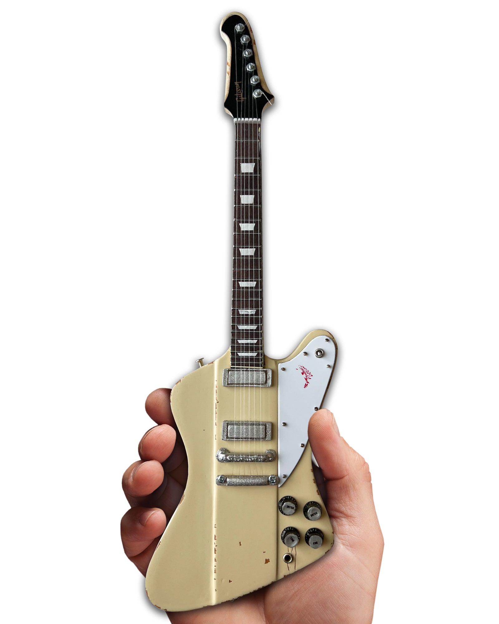 JOHNNY WINTER 1964 GIBSON FIREBIRD V POLARIS WHITE 1.4 SCALE MINI GUITAR - VINTAGE & DISTRESSED