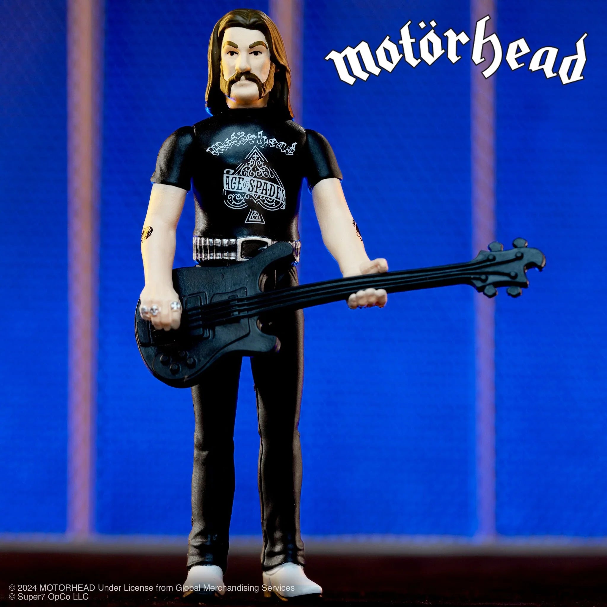 Motorhead Lemmy Ace of Spades Super7 Figure Holding Guitar on blue background