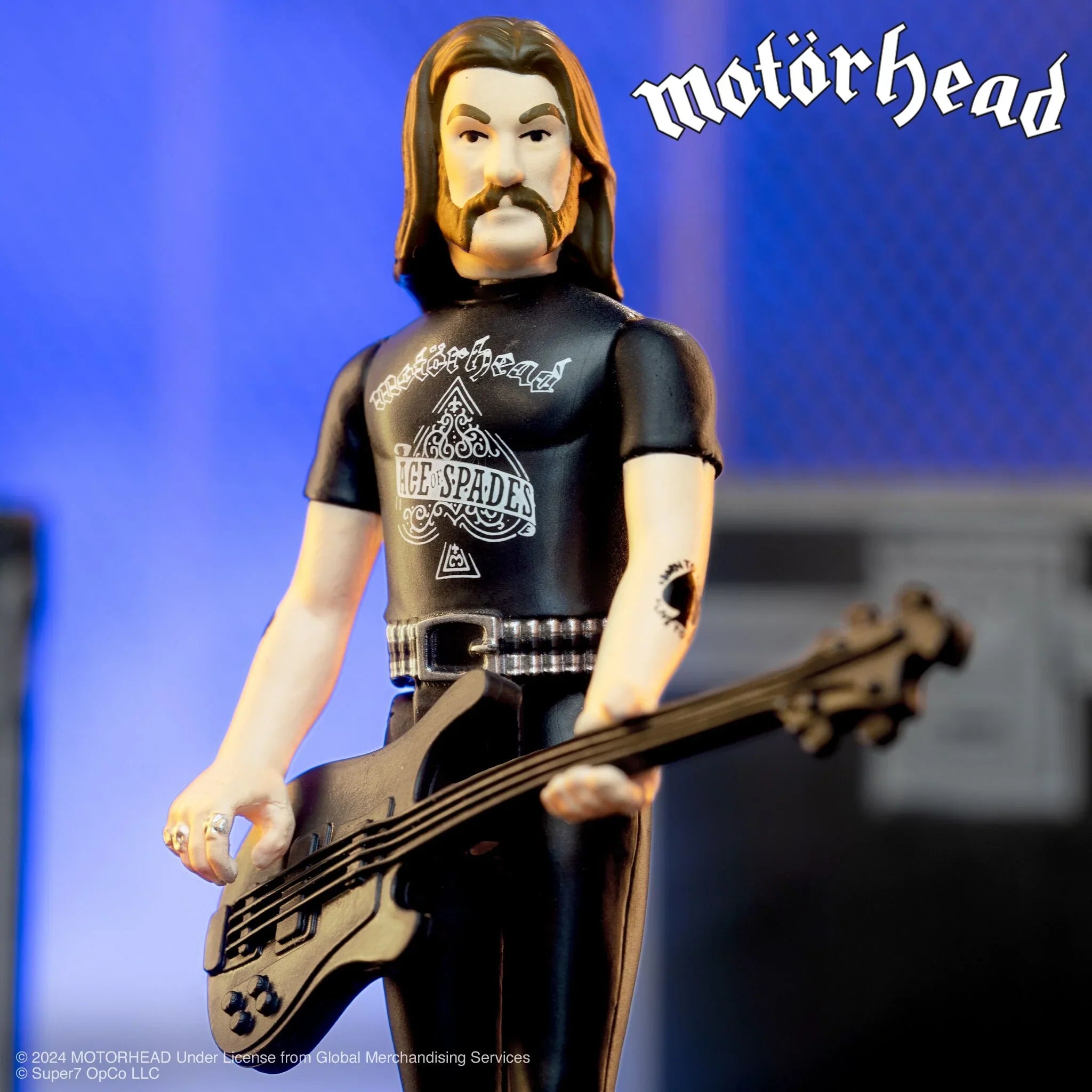 Motorhead Lemmy Ace of Spades Super7 Figure Holding Guitar on blue background alternate angle