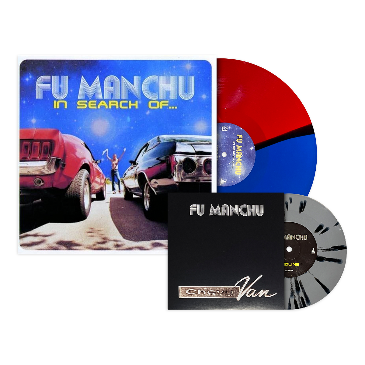 FU MANCHU ‘IN SEARCH OF...’ DELUXE LP W/ 7" SINGLE (Limited Edition — Only 250 Made, Half Transparent Red / Half Transparent Blue & Clear w/ Black Splatter Vinyl)