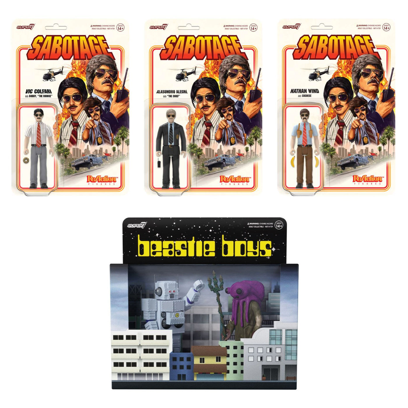 BEASTIE BOYS ACTION FIGURE BUNDLE: All 3 'SABOTAGE' REACTION FIGURES + 'INTERGALACTIC' 2-PACK