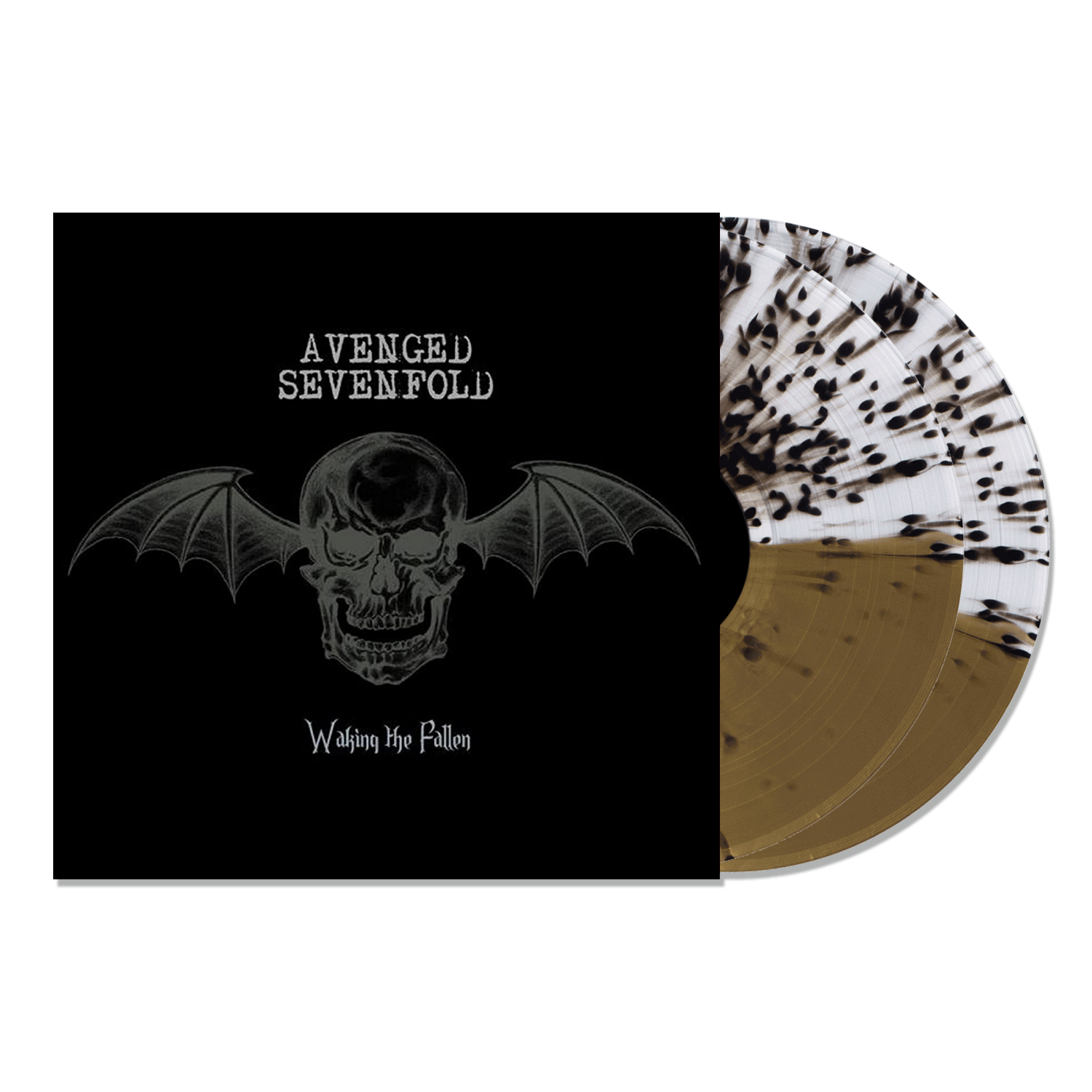 AVENGED SEVENFOLD 'WAKING THE FALLEN' LIMITED-EDITION CLEAR AND GOLD SPLIT WITH BLACK SPLATTER 2LP – ONLY 500 MADE